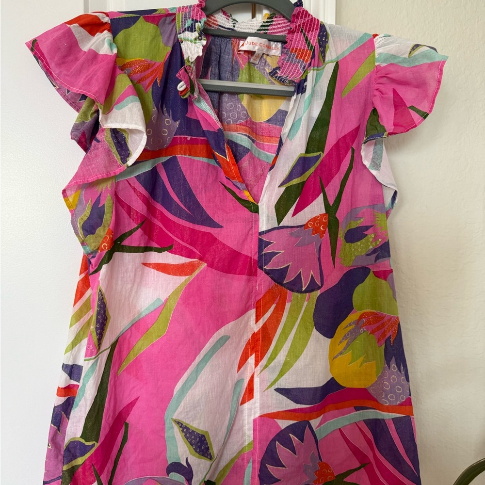 Jude Connally Mylie Top Palm Royale Sz S $138 ruffled collar cap sleeve hot pink
